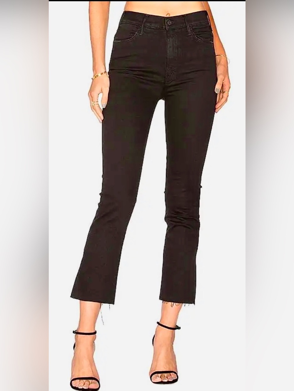 MOTHER Hustler Ankle Fray Crop Flare High Rise Washed Black Jeans 29